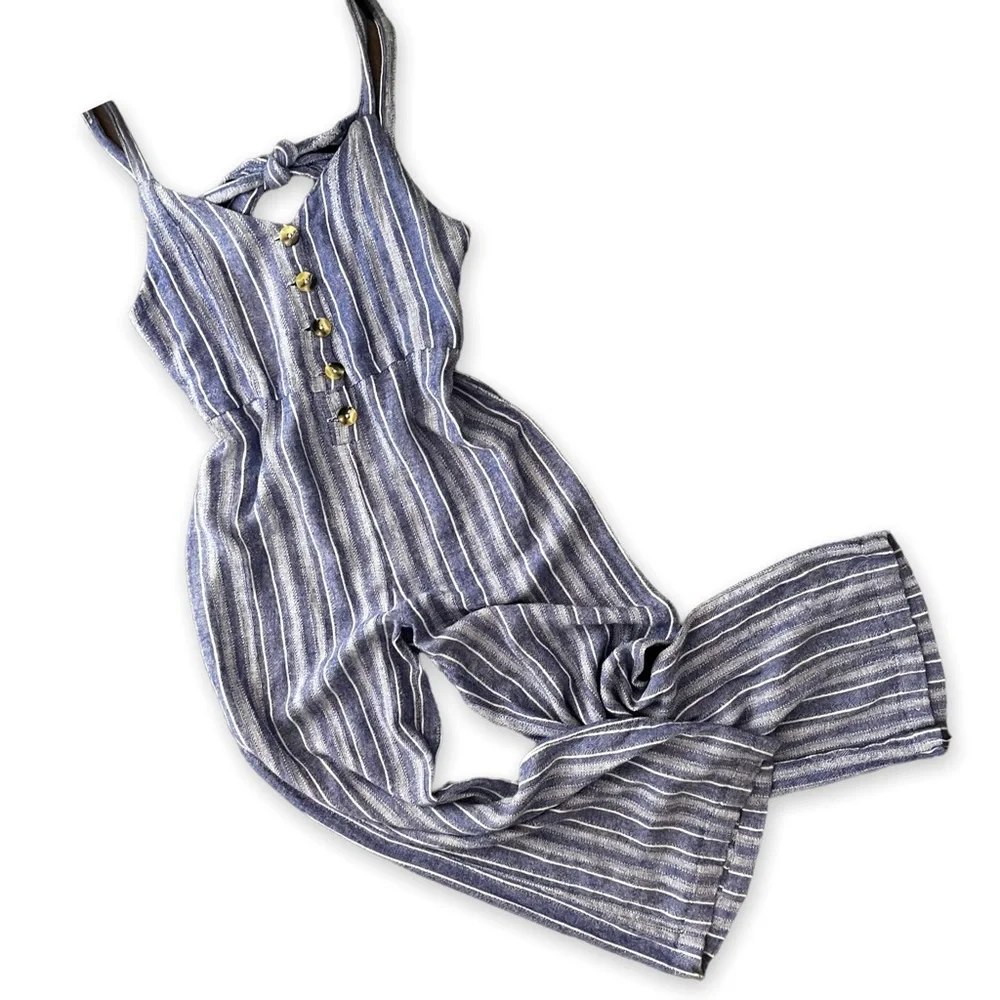 Blue Boho Striped Linen Jumpsuit - Picture 2 of 13
